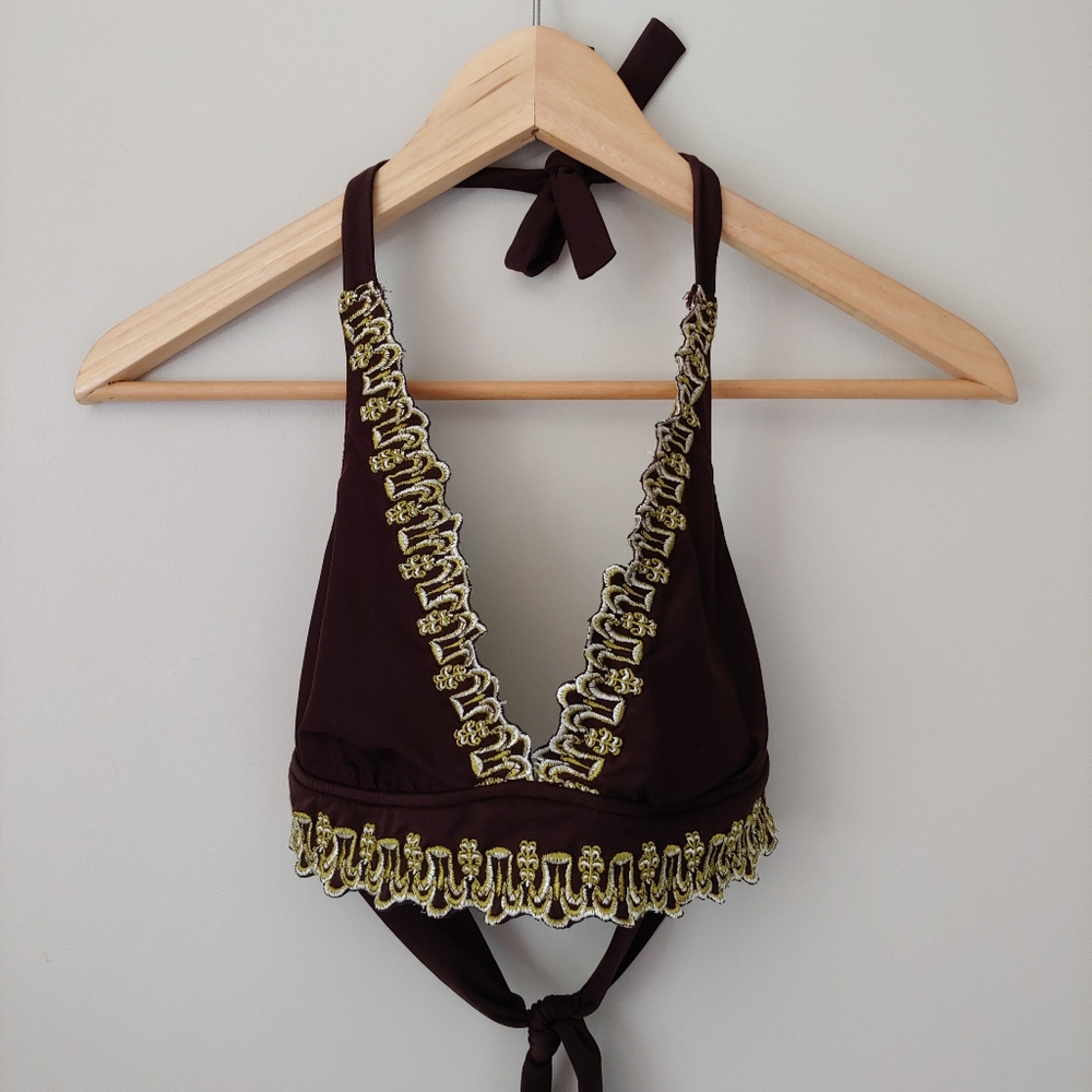 BECCA Swimsuit Embroidered Tie Bikini Set Brown Vintage Size Small - Picture 2 of 11